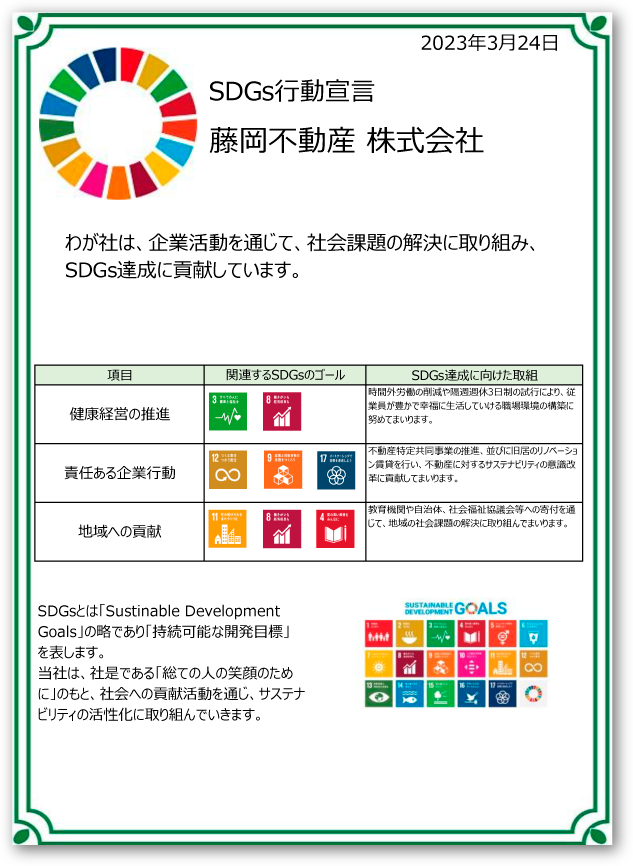 2023年3月24日 SDGs行動宣言 藤岡不動産株式会社 わが社は、企業活動を通じて、社会課題の解決に取り組み、SDGs達成に貢献しています。項目 関連するSDGsのゴール SDGs達成に向けた取組 健康経営の推進 時間外労働の削減や隔週週休3日制の試行により、従業員が豊かで幸福に生活していける職場環境の構築に努めてまいります。 責任ある企業行動 不動産特定共同事業の推進、並びに旧居のリノベーション賃貸を行い、不動産に対するサステナビリティの意識改革に貢献してまいります。 地域への貢献 教育機関や自治体、社会福祉協議会等への寄付を通じて、地域の社会課題の解決に取り組んでまいります。 SDGsとは「Sustinable Development Goals」の略であり「持続可能な開発目標」を表します。当社は、社是である「総ての人の笑顔のために」のもと、社会への貢献活動を通じ、サステナビリティの活性化に取り組んでいきます。
